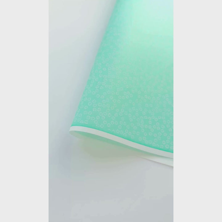 vidéo de démonstration du papier japonais yuzen chiyogami aux motifs de semi de fleurs blanches sur fond vert d'eau adeline klam (M505)