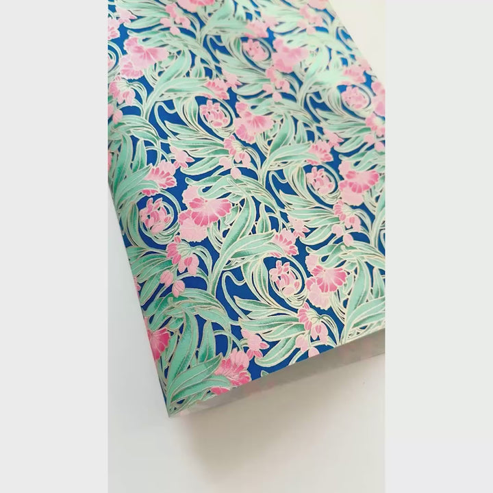 Papier Japonais - Fleurs Art Nouveau - Bleu Foncé, Vert et Rose - M947