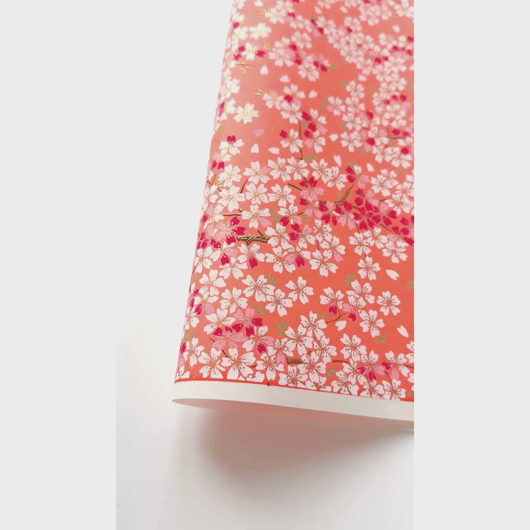 vidéo de démonstration du papier japonais yuzen chiyogami au motif de fleurs de cerisier dans les tons corail, roses, rouge carmin et blancs adeline klam (M622)