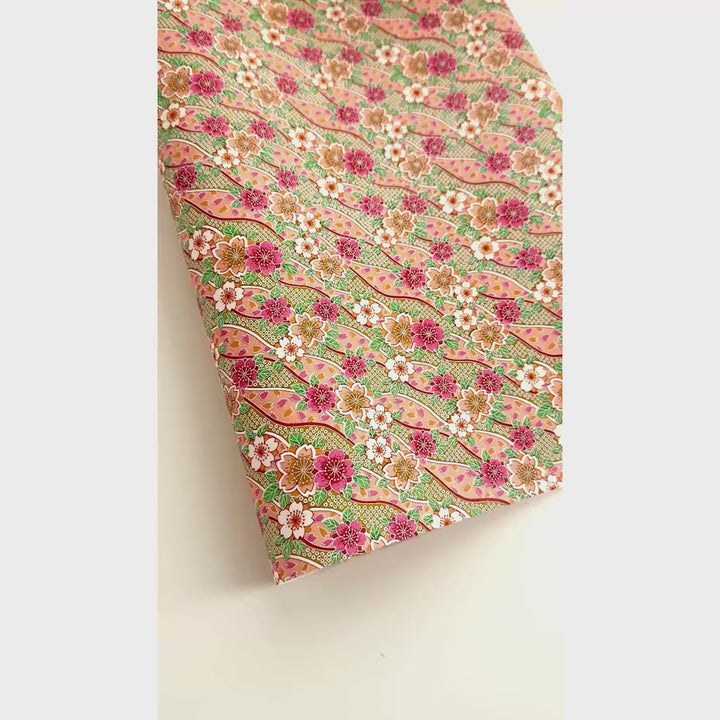 Papier Japonais - Ondulations Fleuries et Kanoko - Rose Fuchsia, Corail, Vert et Jaune Moutarde - M1051