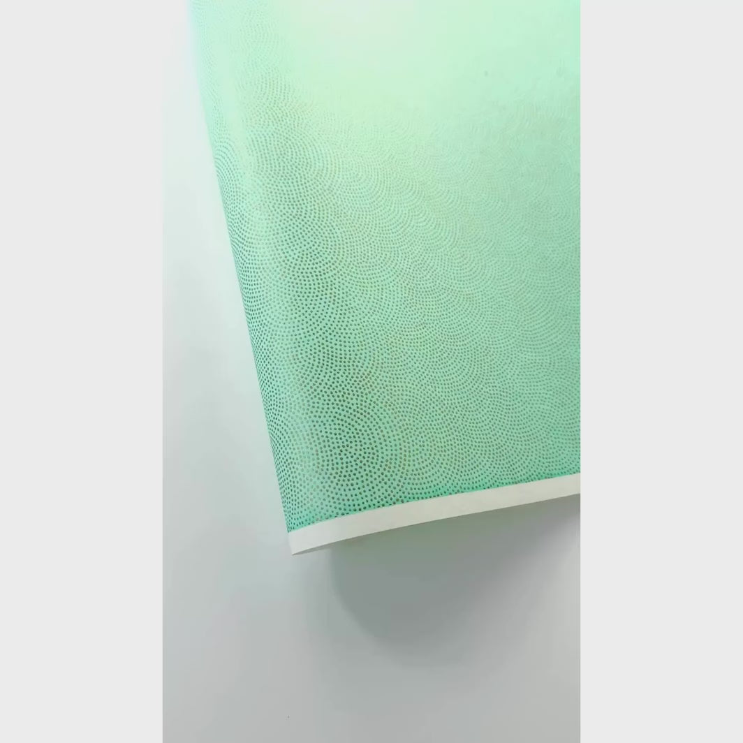 vidéo de démonstration du papier japonais yuzen chiyogami aux motifs de petits points dorés « samekomon » sur fond vert d'eau adeline klam (M581)