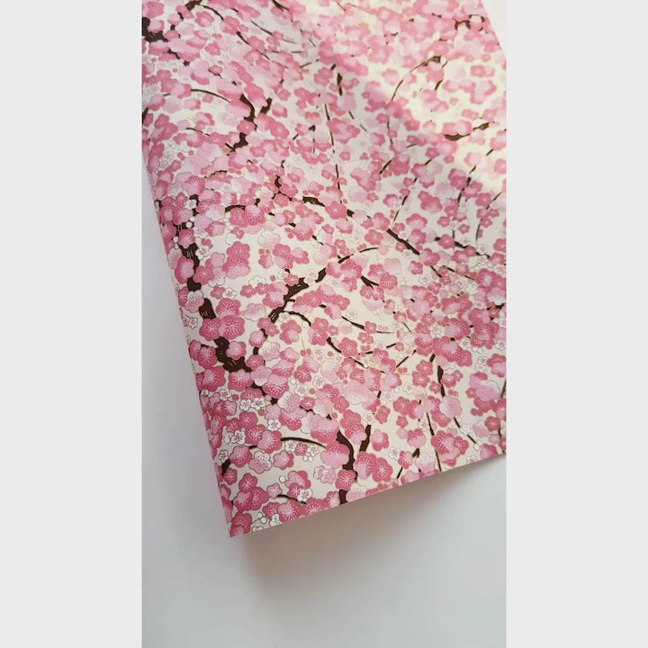 vidéo de démonstration du papier japonais yuzen chiyogami aux motifs de fleurs de prunier dans les tons crème, rose clair et moyen adeline klam (M433)