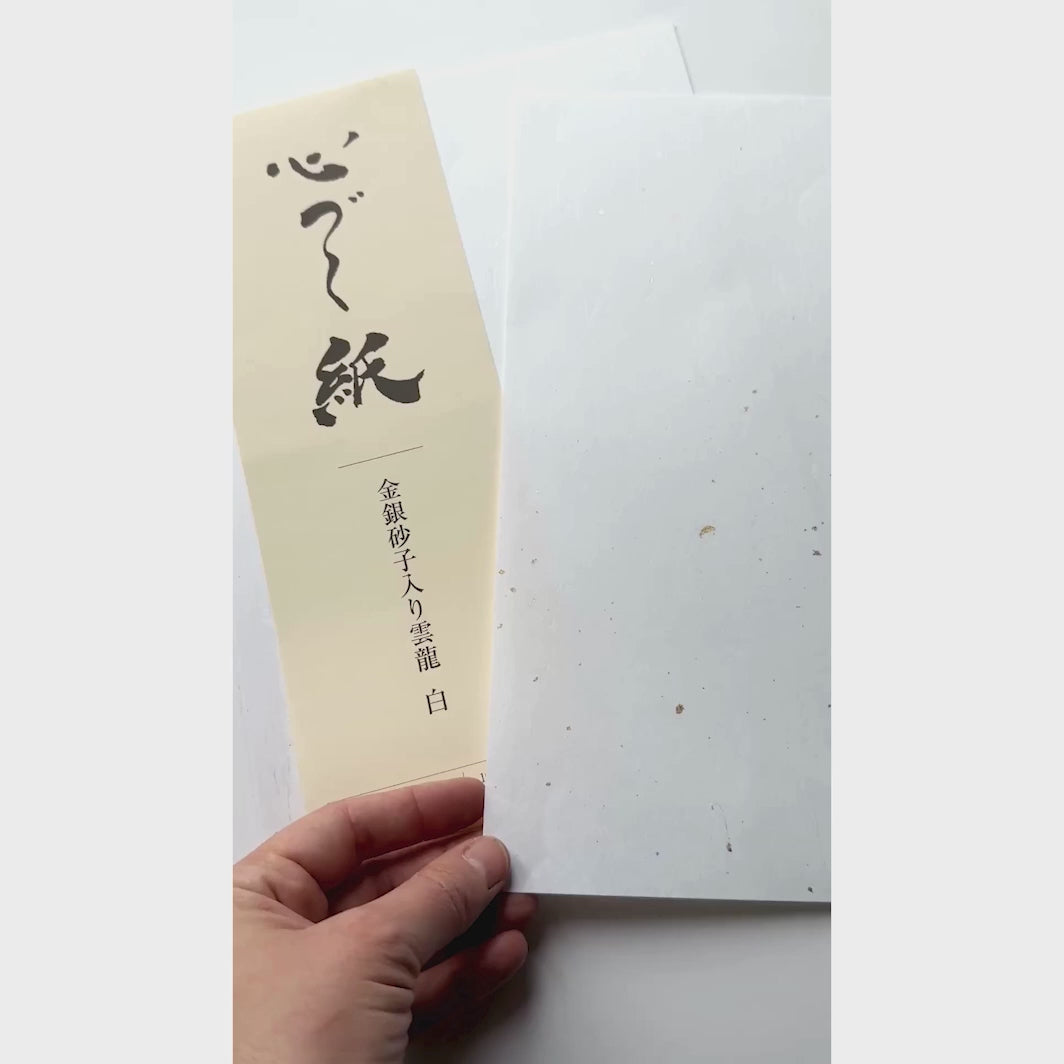 vidéo de présentation de la texture du papier du bloc de 10 papiers blancs « shinzukushi » aux inscrustations unryu dorées et argentées de 210 par 297mm