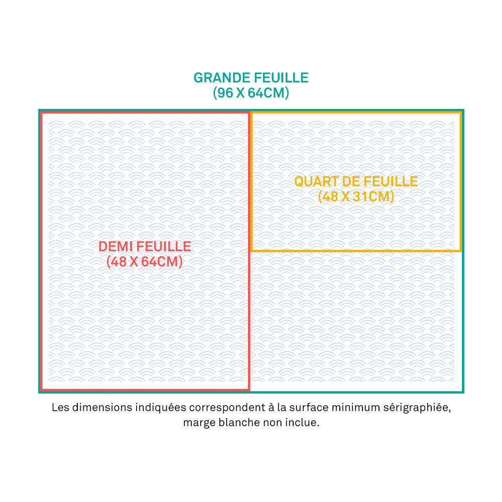 schéma des différents formats disponibles de papier japonais adeline klam (grande, demi et quart de feuille)