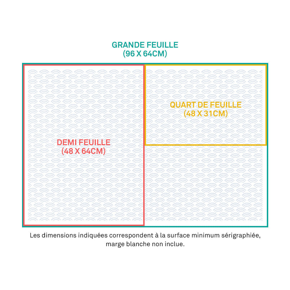 schéma des différents formats disponibles de papier japonais adeline klam (grande, demi et quart de feuille)