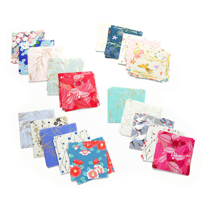 sélection de papiers du set de 100 papiers origami en 6cm par 6cm « boréal » aux motifs et tons variés