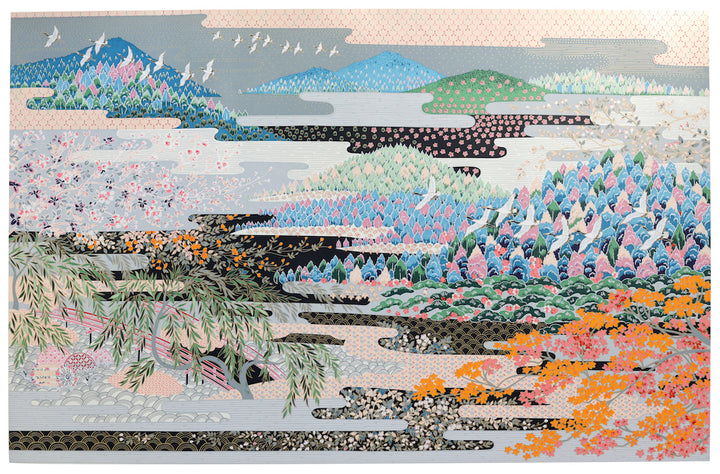 vue d'ensemble du poster en papier japonais au motif de paysage japonais dans les tons bleus, verts, gris, noirs, orange et roses adeline klam