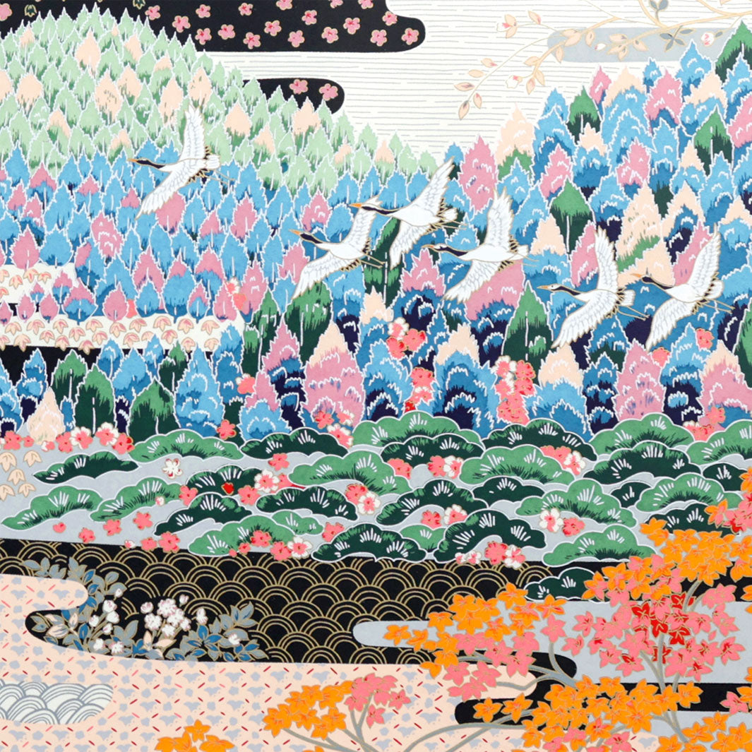 vue principale du poster en papier japonais au motif de paysage japonais dans les tons bleus, verts, gris, noirs, orange et roses adeline klam