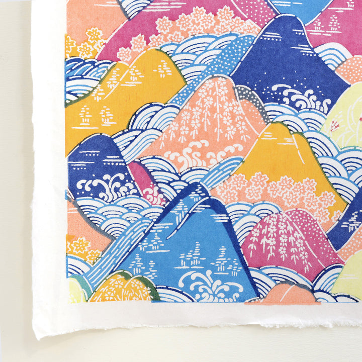 zoom d'un papier japonais katazome aux motifs de montages et de rivières bleus, orange, jaunes et mauve adeline klam