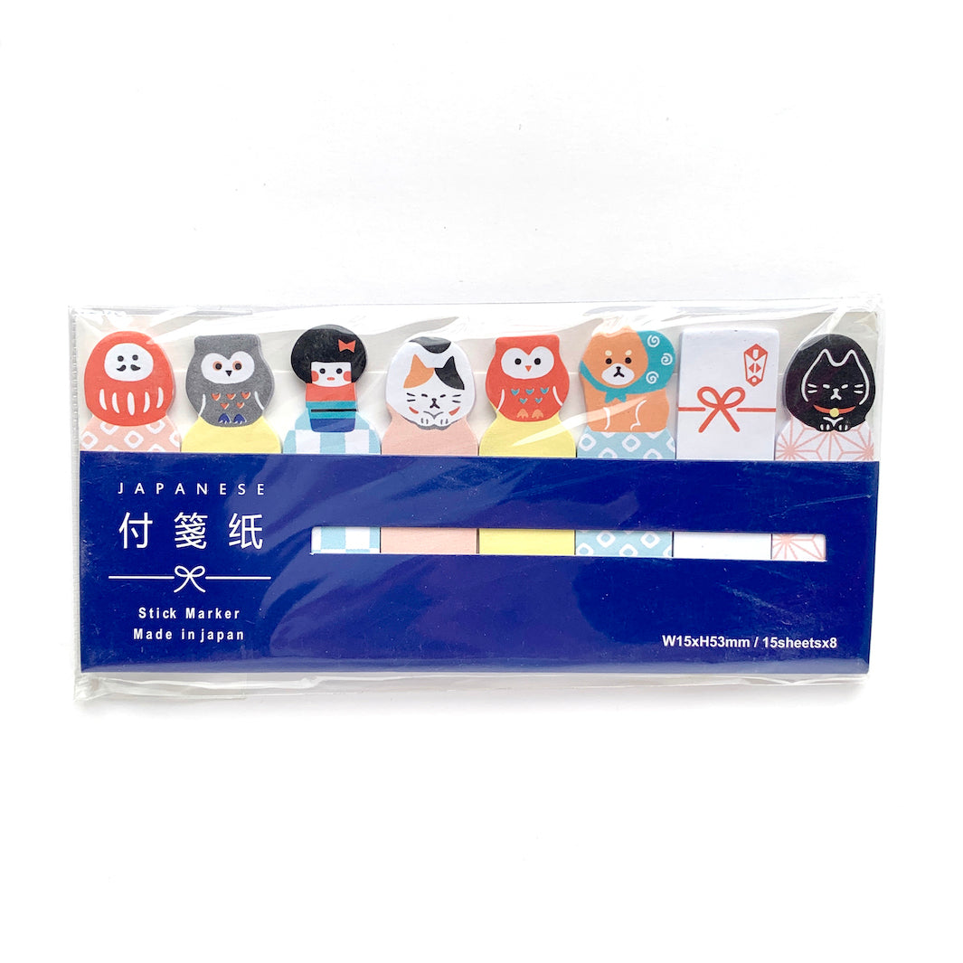 set de 120 stickers index « post-it » en forme de daruma, de hiboux, de kokeshi, de chats, de shiba inu et d'enveloppe japonaise