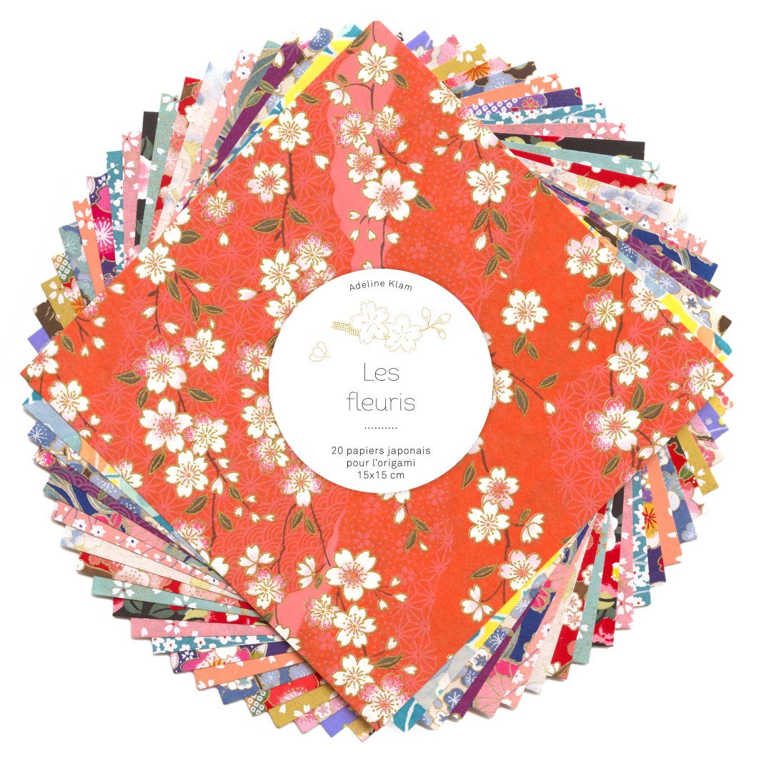 pochette de 20 carrés de papiers japonais adeline klam de 15cm par 15cm aux motifs fleuris et tons multicolores « les fleuris »