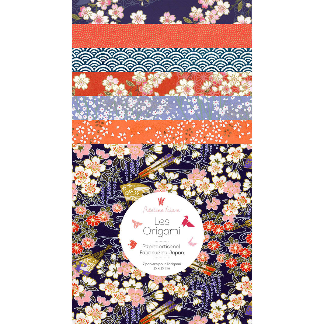 pochette de 7 carrés de papiers japonais adeline klam de 15cm par 15cm dans les tons violet, bleu foncé, bleu lavande et rouge orangé « kimono »