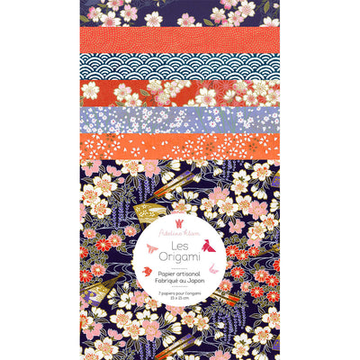 pochette de 7 carrés de papiers japonais adeline klam de 15cm par 15cm dans les tons violet, bleu foncé, bleu lavande et rouge orangé « kimono »