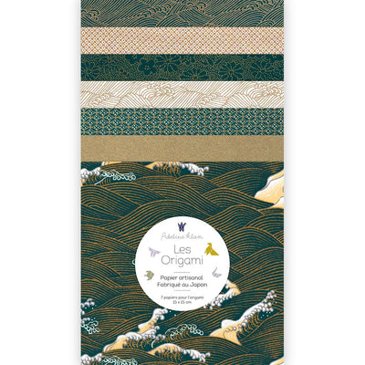 pochette de 7 carrés de papiers japonais adeline klam de 15cm par 15cm dans les tons bleu canard et dorés « shéhérazade »