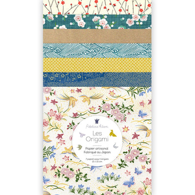 pochette de 7 carrés de papiers japonais adeline klam de 15cm par 15cm dans les tons bleus, jaunes, crème et dorés « tea time »