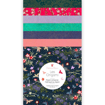 pochette de 7 carrés de papiers japonais adeline klam de 15cm par 15cm dans les tons bleu nuit, roses, violets et vert d'eau « gala »