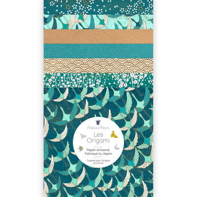 pochette de 7 carrés de papiers japonais adeline klam de 15cm par 15cm dans les tons bleu turquoise, vert d'eau et dorés « cyan »