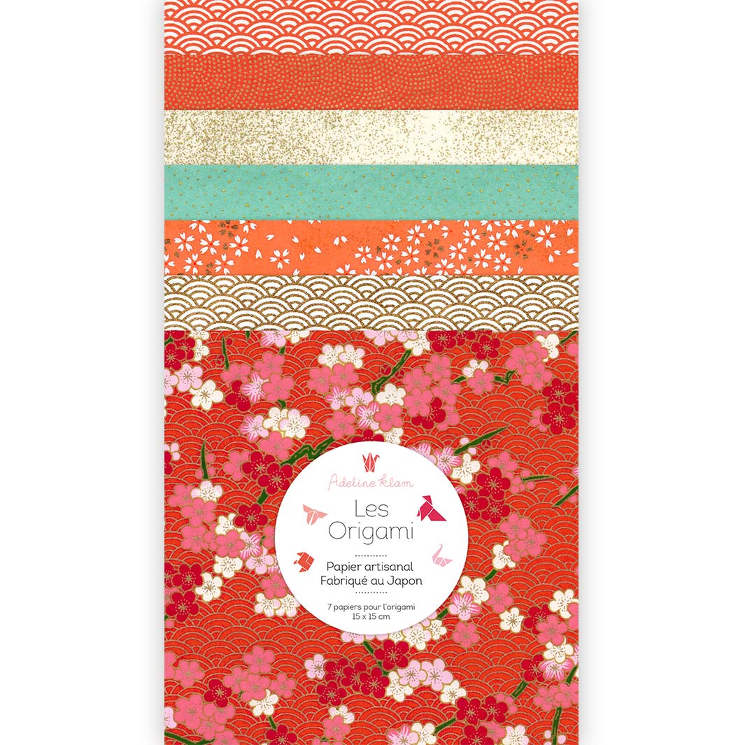 pochette de 7 carrés de papiers japonais adeline klam de 15cm par 15cm dans les tons rouge orangé, vert d'eau et doré « orangette »