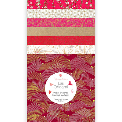pochette de 7 carrés de papiers japonais adeline klam de 15cm par 15cm dans les tons rouge rose et doré « rubis »