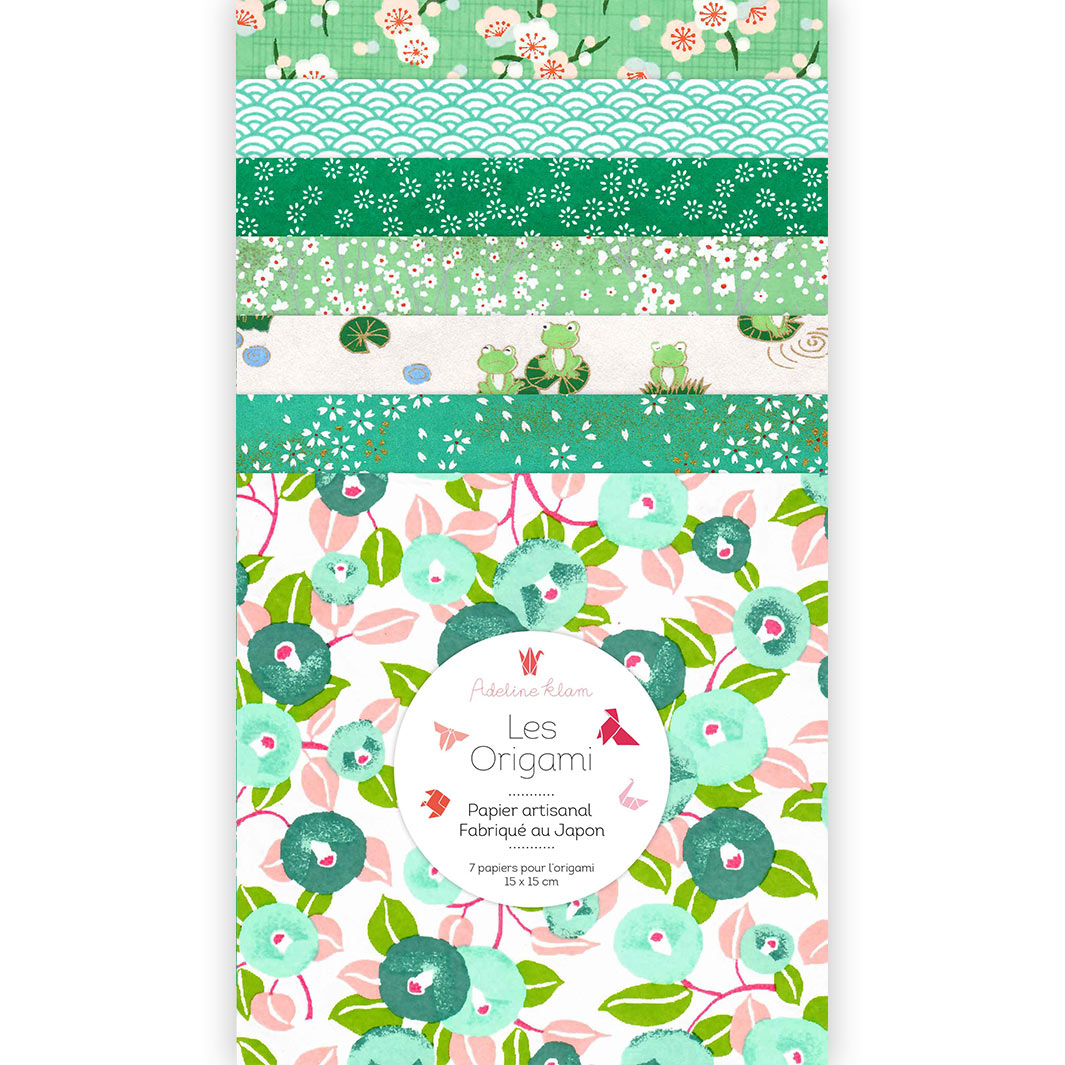 pochette de 7 carrés de papiers japonais adeline klam de 15cm par 15cm dans les tons verts, vert d'eau, turquoise et roses « giverny »