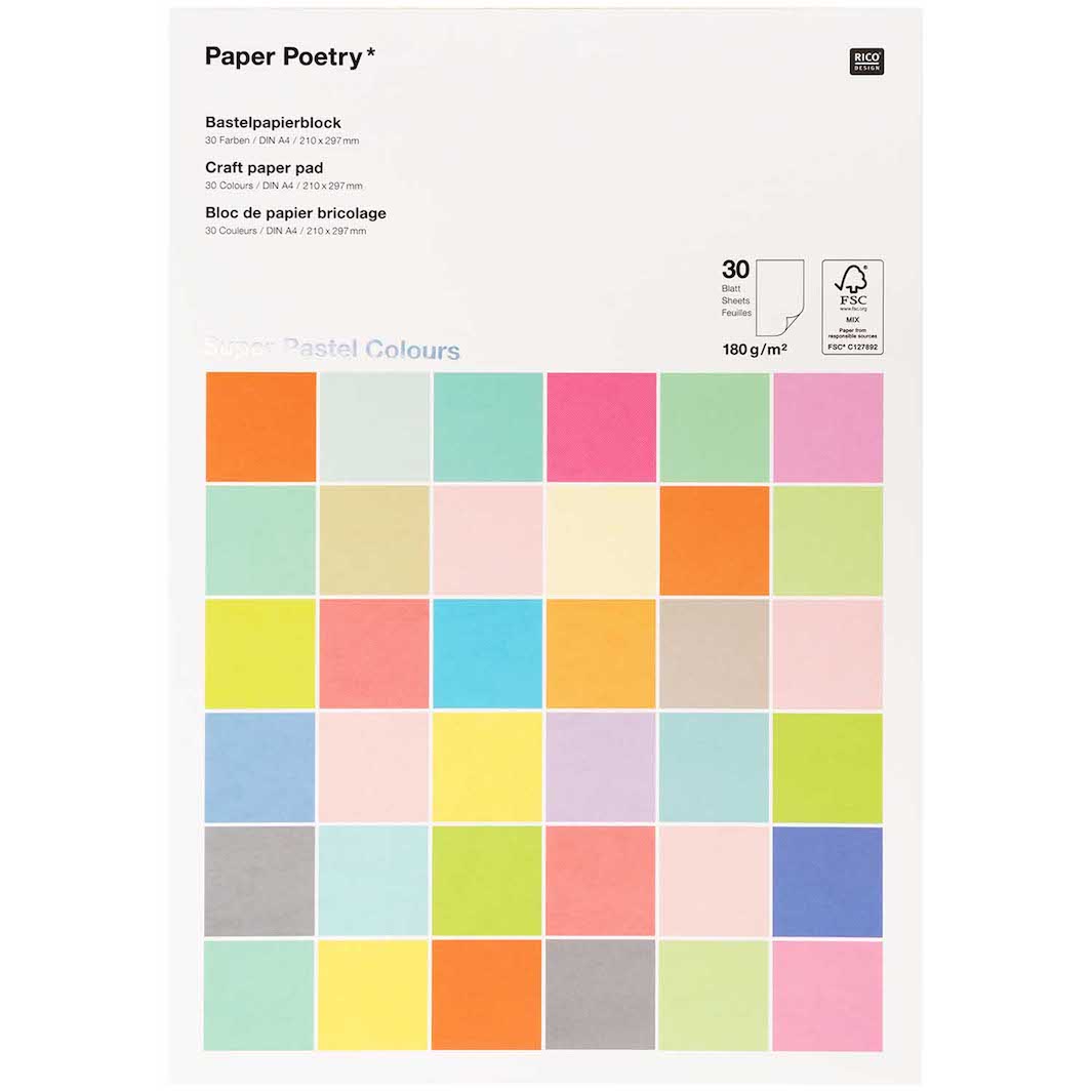 Bloc de 30 feuilles de papier - Multicolores pastels - 180g/m²