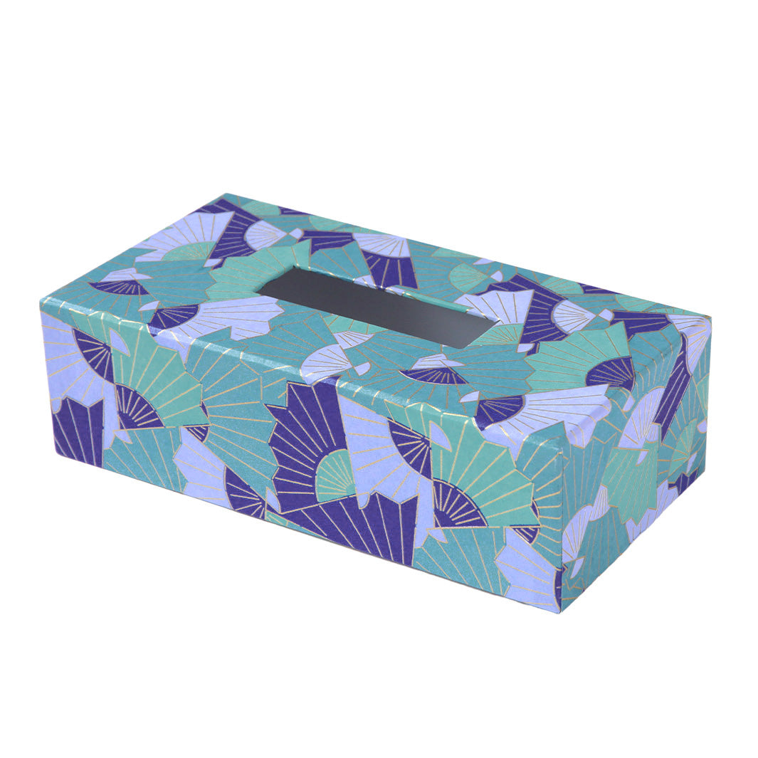 Tissue Box - Japanese Paper - Graphic Fans - Lavender, Midnight Blue and Verdigris - M882