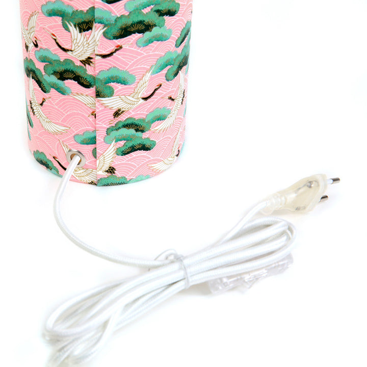 Lampe Japonaise à Poser - Grues, Pins et Vagues - Fond rose - M686
