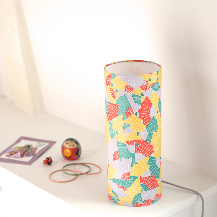 Japanese Table Lamp - Graphic Fans - Yellow, Pale Mauve, Turquoise and Bright Orange - M881
