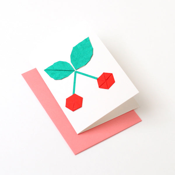 Carte Cerise en origami / Vert et Corail
