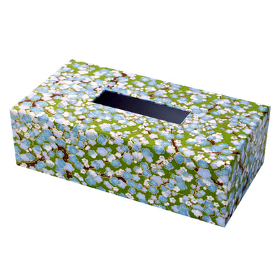 Boîte à mouchoirs Fleurs cerisier turquoise fond vert M449