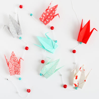 Guirlande de grues en origami - Rouge et menthe