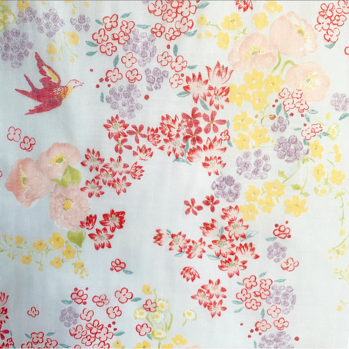 Tissu Japonais - Motifs Variés Aquarelle - Corail, Jaune et Mauve, Fond Écru - T214