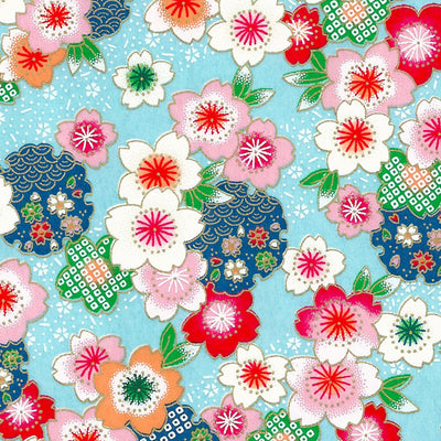Papier Japonais - Fleurs de cerisier, rose, rouge, orange vert, bleu, or sur fond bleu - M343-Papier japonais-AdelineKlam