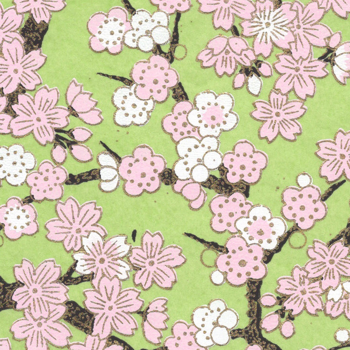 Applique murale japonaise - Fleurs de Cerisier et Prunier - Vert Pomme, Rose, Blanc et Marron Foncé - M362