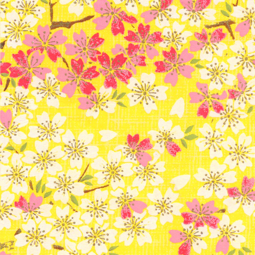 Cylindrical Japanese lampshade - Cherry blossoms, Yellow background - M364