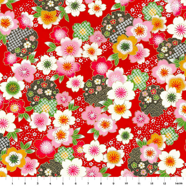 Papier Japonais - Fleurs de cerisier, rose, rouge, jaune, vert, brun, or sur fond rouge - M368-Papier japonais-AdelineKlam