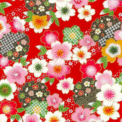 Papier Japonais - Fleurs de cerisier, rose, rouge, jaune, vert, brun, or sur fond rouge - M368-Papier japonais-AdelineKlam