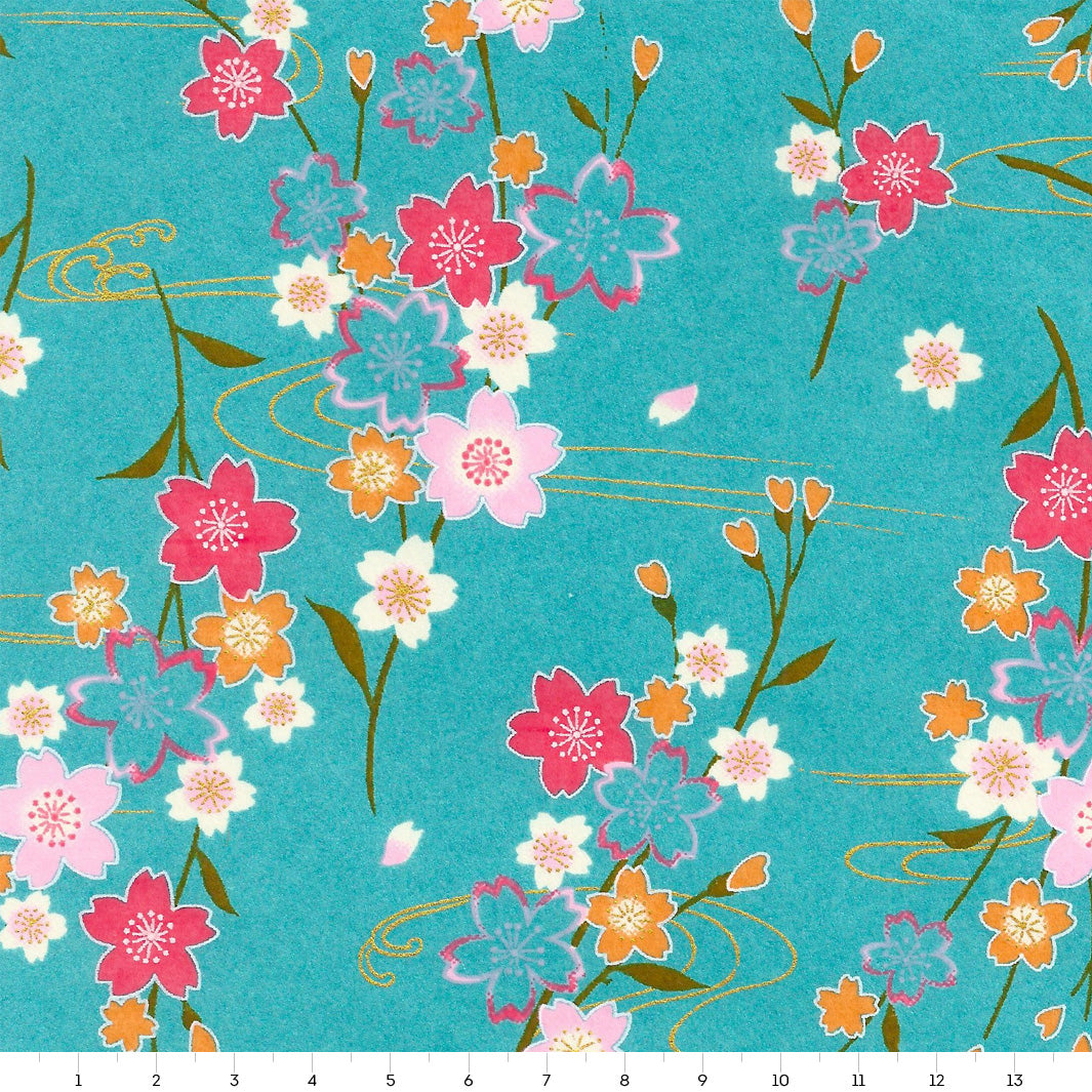 Japanese Paper - Flowers - Turquoise - M380