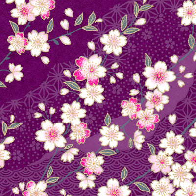 Papier Japonais - Fleurs de cerisiers, blanc et prune - M383-Papier japonais-AdelineKlam