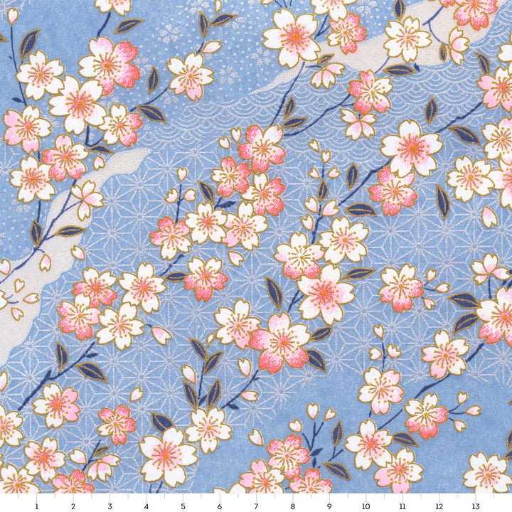 Papier Japonais - Fleurs de Cerisier et Motifs Variés - Bleu Clair, Rose et Blanc - M384