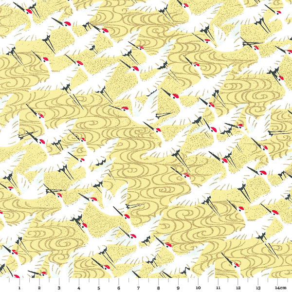 Papier Japonais - Envolée de grues, blanc, or, sur fond jaune - M386-Papier japonais-AdelineKlam