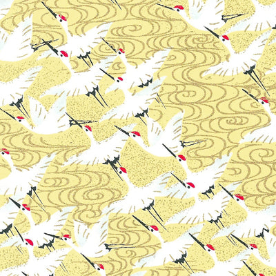 Papier Japonais - Envolée de grues, blanc, or, sur fond jaune - M386-Papier japonais-AdelineKlam