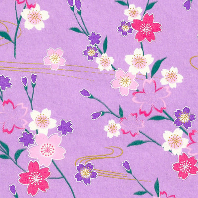 Papier Japonais - Fleurs roses blanches violettes feuillages vert foncé fond mauve lilas avec vagues dorées - M416-Papier japonais-AdelineKlam
