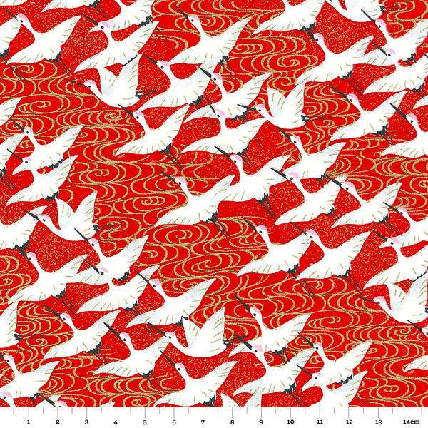 Papier Japonais - Grues blanches et vagues dorées sur fond rouge - M441-Papier japonais-AdelineKlam