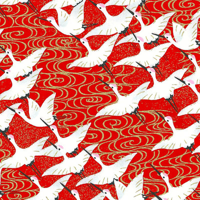 Papier Japonais - Grues blanches et vagues dorées sur fond rouge - M441-Papier japonais-AdelineKlam