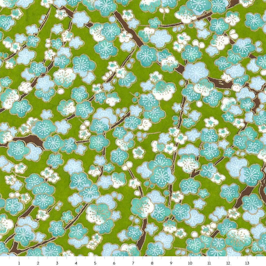 Papier Japonais - Fleurs de Prunier - Vert et Bleu - M449