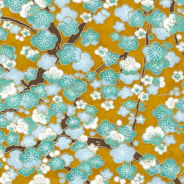 Tea box - Blue cherry blossoms with mustard background - M450