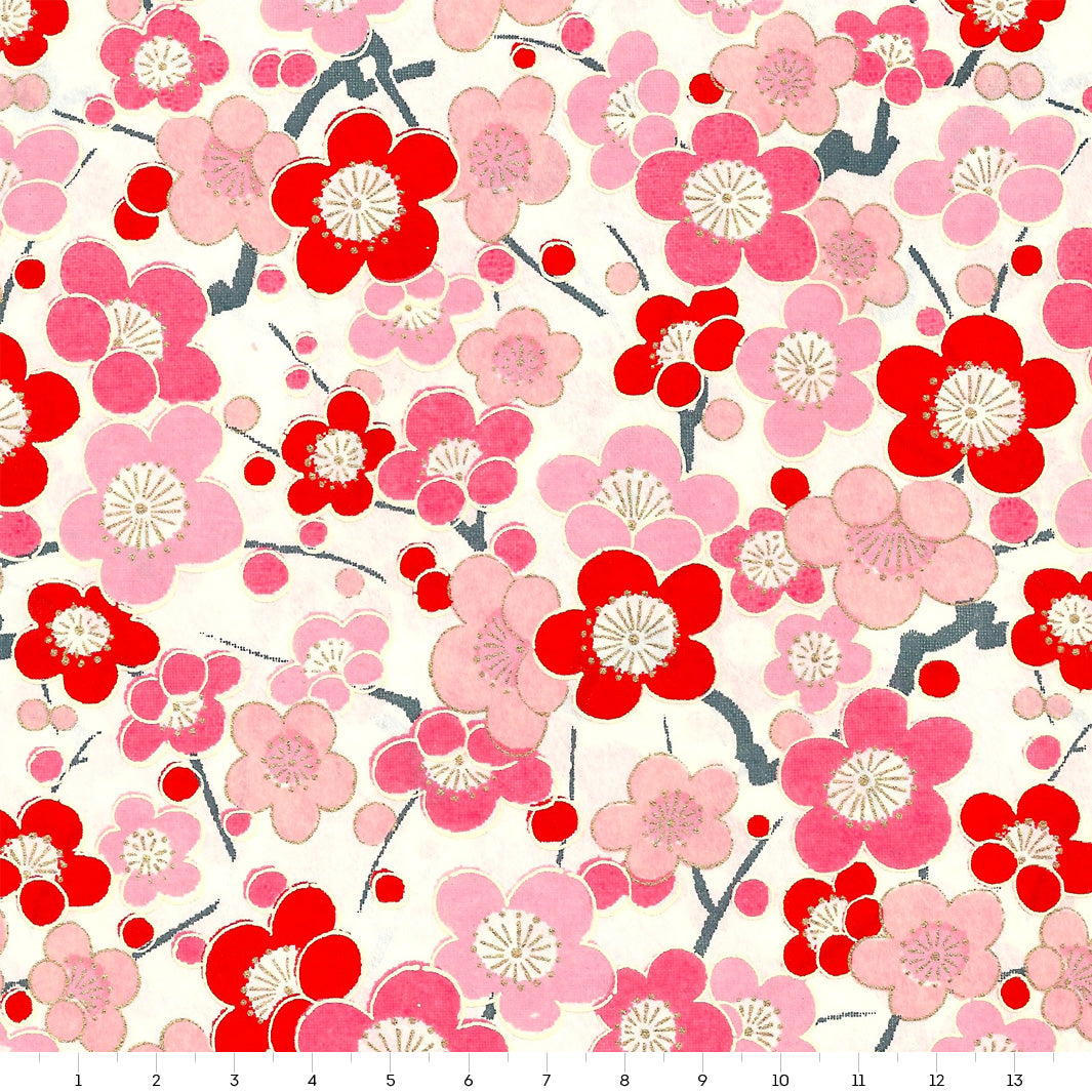 Papier Japonais - Grandes Fleurs de Prunier - Rouge et Rose - M451