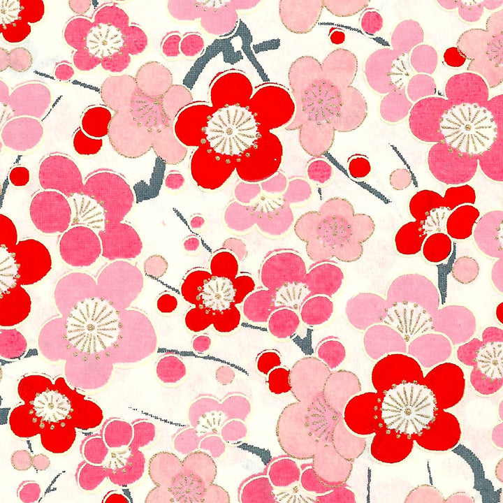 Papier Japonais - Grandes Fleurs de Prunier - Rouge et Rose - M451