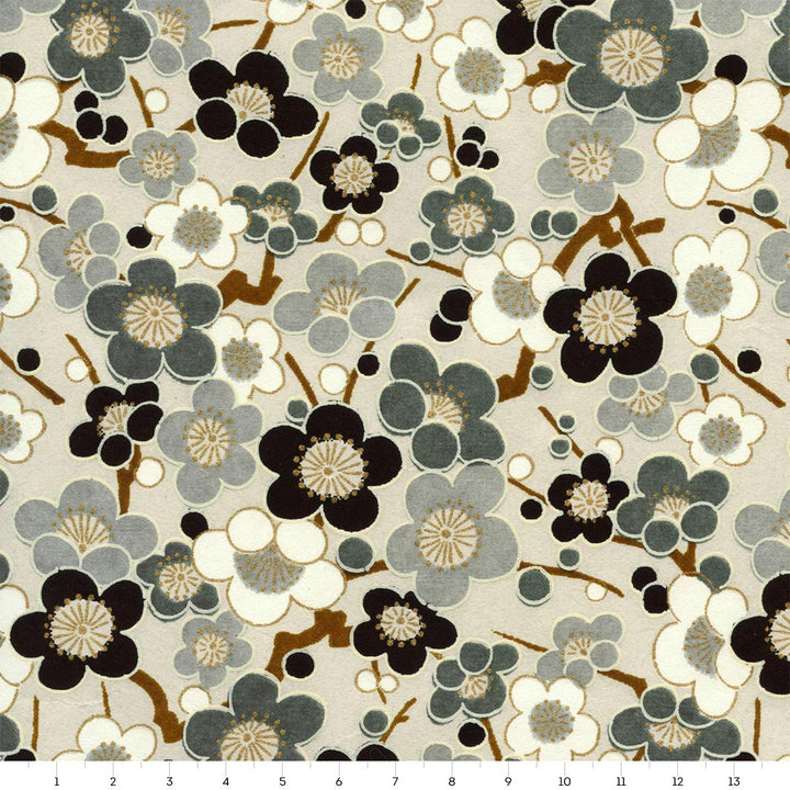 Papier Japonais - Grandes Fleurs de Prunier - Noir et Gris - M452